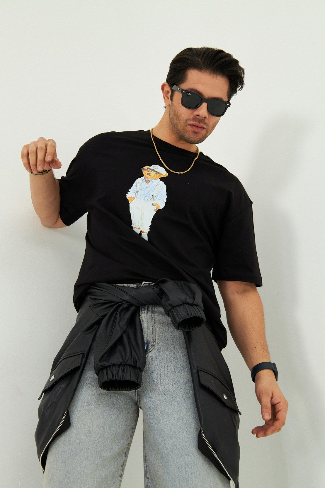 Unisex Siyah Ayıcık Baskılı Oversize Tişört Pamuklu Eğlenceli Çift Kombini Günlük Casual Model
