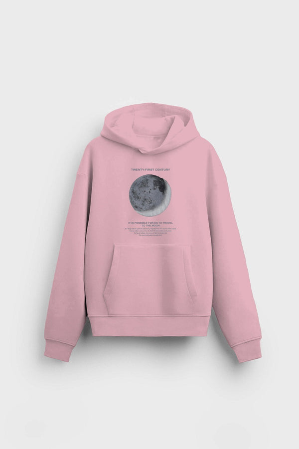 Kapüşonlu İçi Polar Moon Baskılı Pembe Unisex Hoodie Sweatshirt