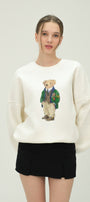 Kadın Ekru Teddy Ayıcık Baskılı 3 İplik Şardonlu Sweatshirt – Bisiklet Yaka, Rahat Kalıp