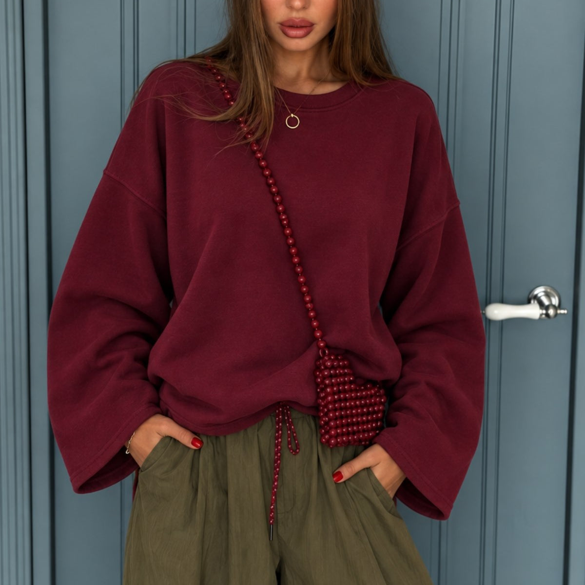 Kadın Relaxed Fit Sweatshirt Basic Bordo – Bisiklet Yaka, 3 İplik Şardonsuz, Düşük Omuz, Geniş Kol