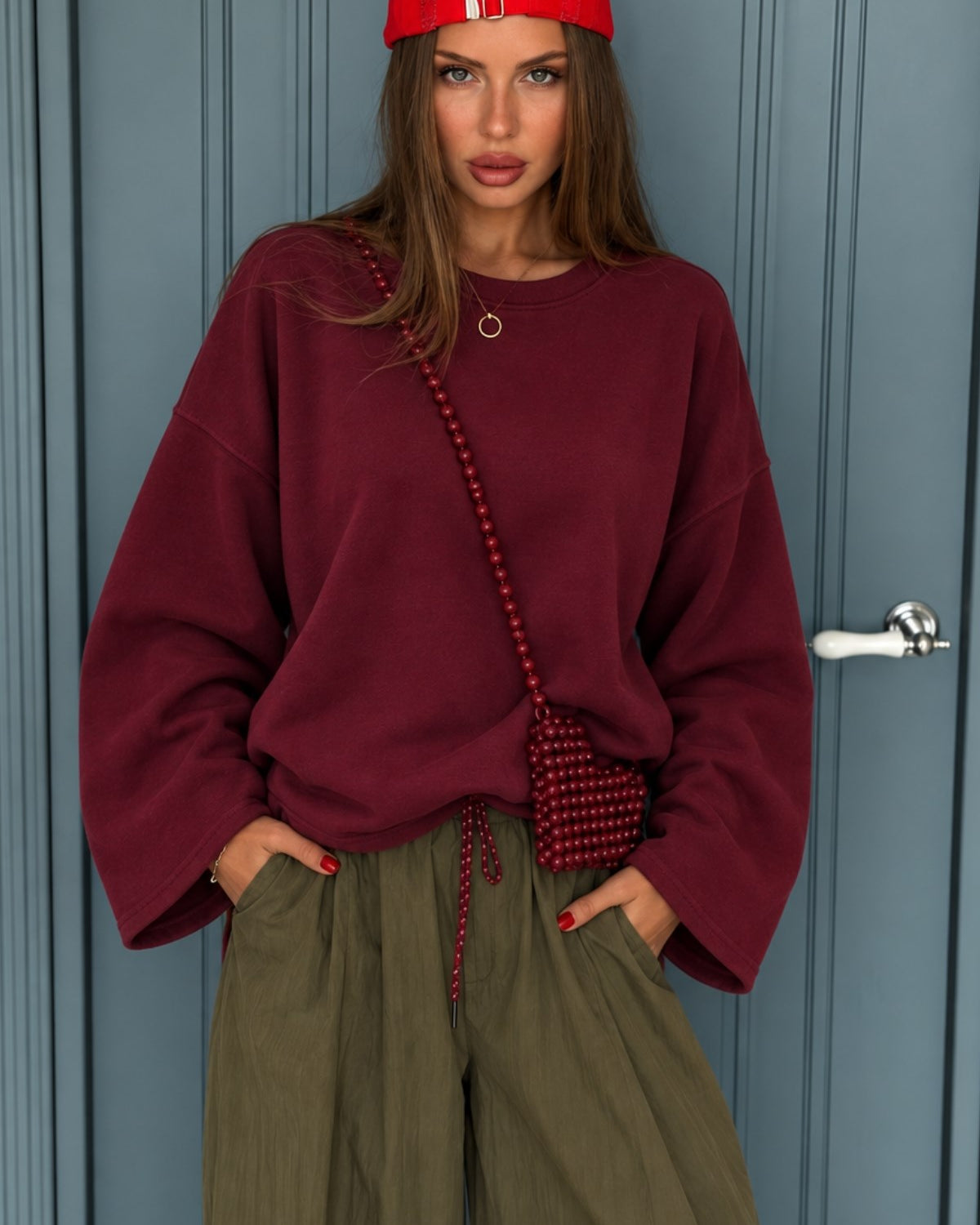 Kadın Relaxed Fit Sweatshirt Basic Bordo – Bisiklet Yaka, 3 İplik Şardonsuz, Düşük Omuz, Geniş Kol