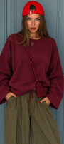 Kadın Relaxed Fit Sweatshirt Basic Bordo – Bisiklet Yaka, 3 İplik Şardonsuz, Düşük Omuz, Geniş Kol