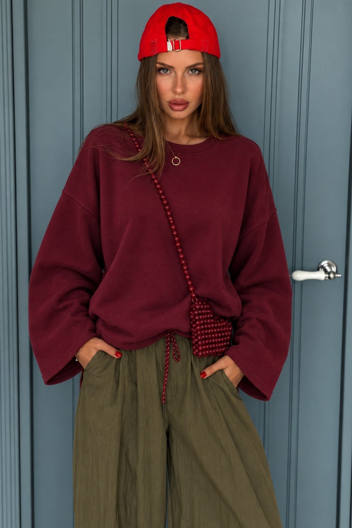 Kadın Relaxed Fit Sweatshirt Basic Bordo – Bisiklet Yaka, 3 İplik Şardonsuz, Düşük Omuz, Geniş Kol