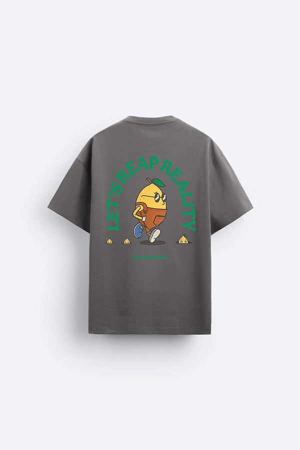 The Champ Bisiklet Yaka Petit Jardinier Baskılı Oversize Füme Erkek T-shirt