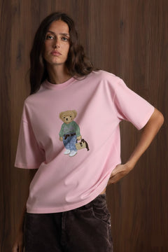 Kadın Oversize Tişört COZY Bear Baskılı Pembe – %100 Pamuk Compact Süprem 24/1