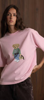 Kadın Oversize Tişört COZY Bear Baskılı Pembe – %100 Pamuk Compact Süprem 24/1