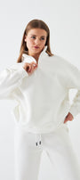 Unisex Oversize Sweatshirt Basic Beyaz – Yarım Fermuar Dik Yaka, 3 İplik Şardonlu Polar
