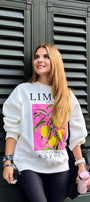 Oversize Kadın Sweatshirt Espana Limon Baskılı Beyaz – Bisiklet Yaka, 3 İplik Polar, Rahat Kalıp