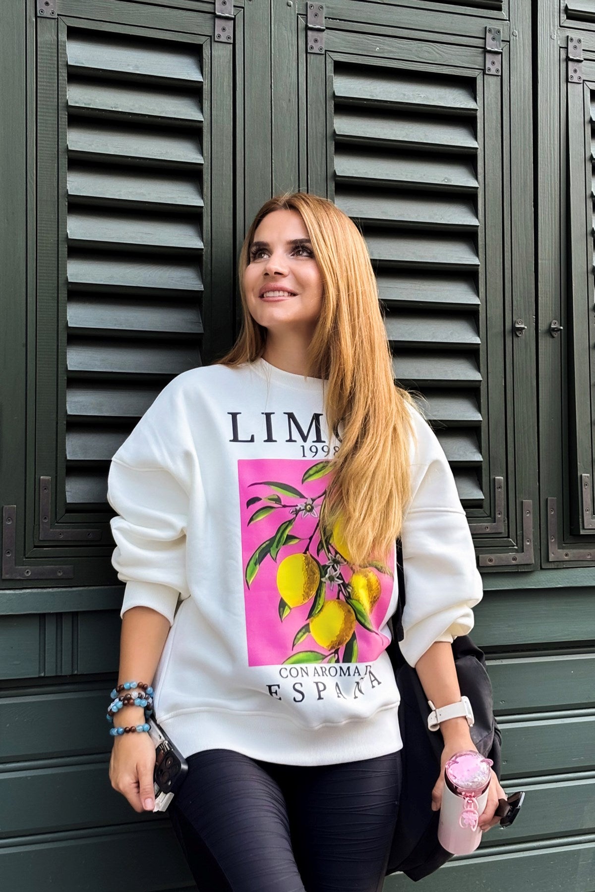 Oversize Kadın Sweatshirt Espana Limon Baskılı Beyaz – Bisiklet Yaka, 3 İplik Polar, Rahat Kalıp