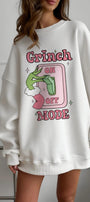 Kadın Oversize Sweatshirt Elbise Grinch Mode Baskılı Beyaz – Bisiklet Yaka, 3 İplik Şardonlu Polar