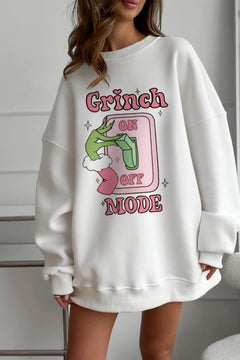 Kadın Oversize Sweatshirt Elbise Grinch Mode Baskılı Beyaz – Bisiklet Yaka, 3 İplik Şardonlu Polar