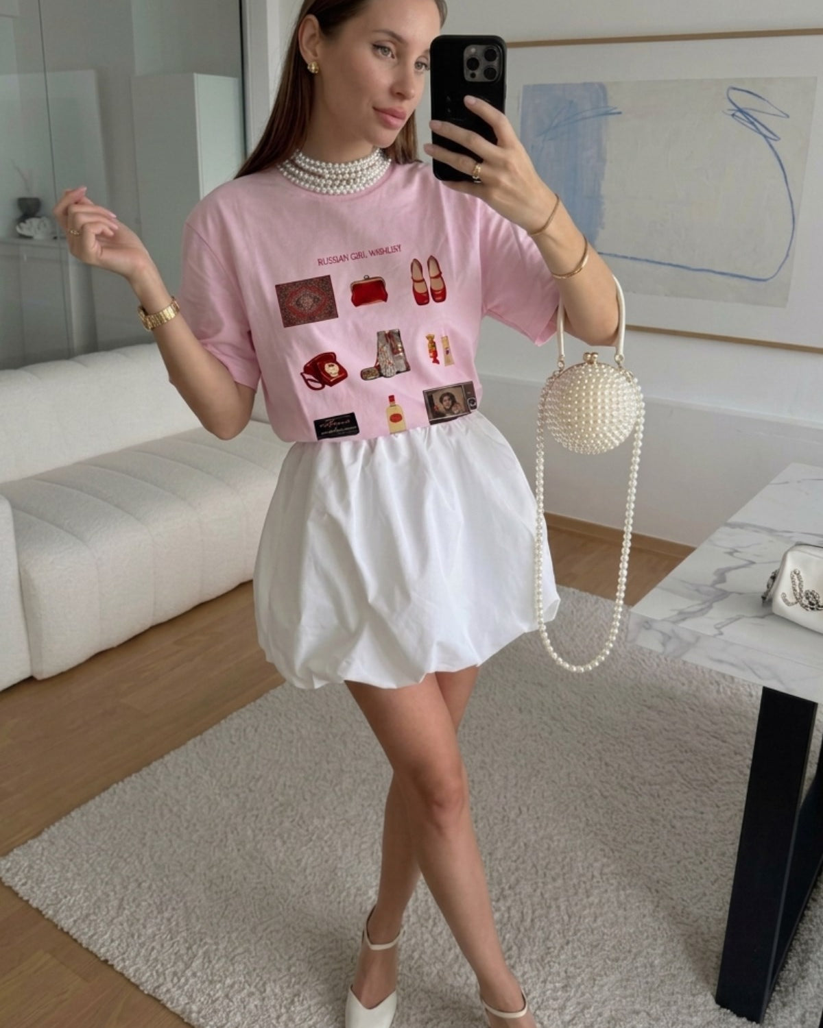Kadın Oversize Tişört Russian Girl Wishlist Baskılı Pembe – Bisiklet Yaka, Rahat Kalıp, %100 Pamuk