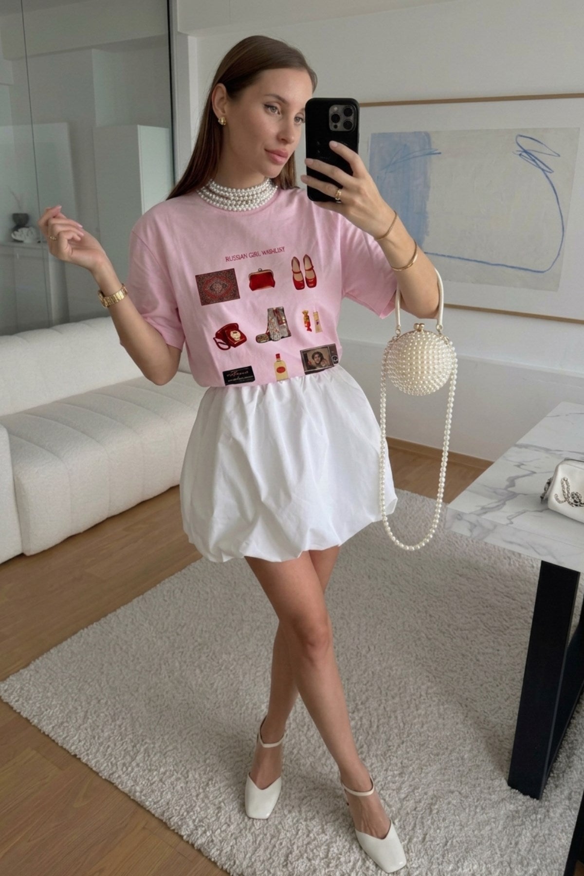 Kadın Oversize Tişört Russian Girl Wishlist Baskılı Pembe – Bisiklet Yaka, Rahat Kalıp, %100 Pamuk