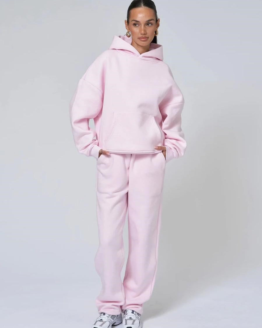 Pembe Kapüşonlu Basic Bel Lastikli Boru Paça Cepli Oversize Eşofman Takımı
