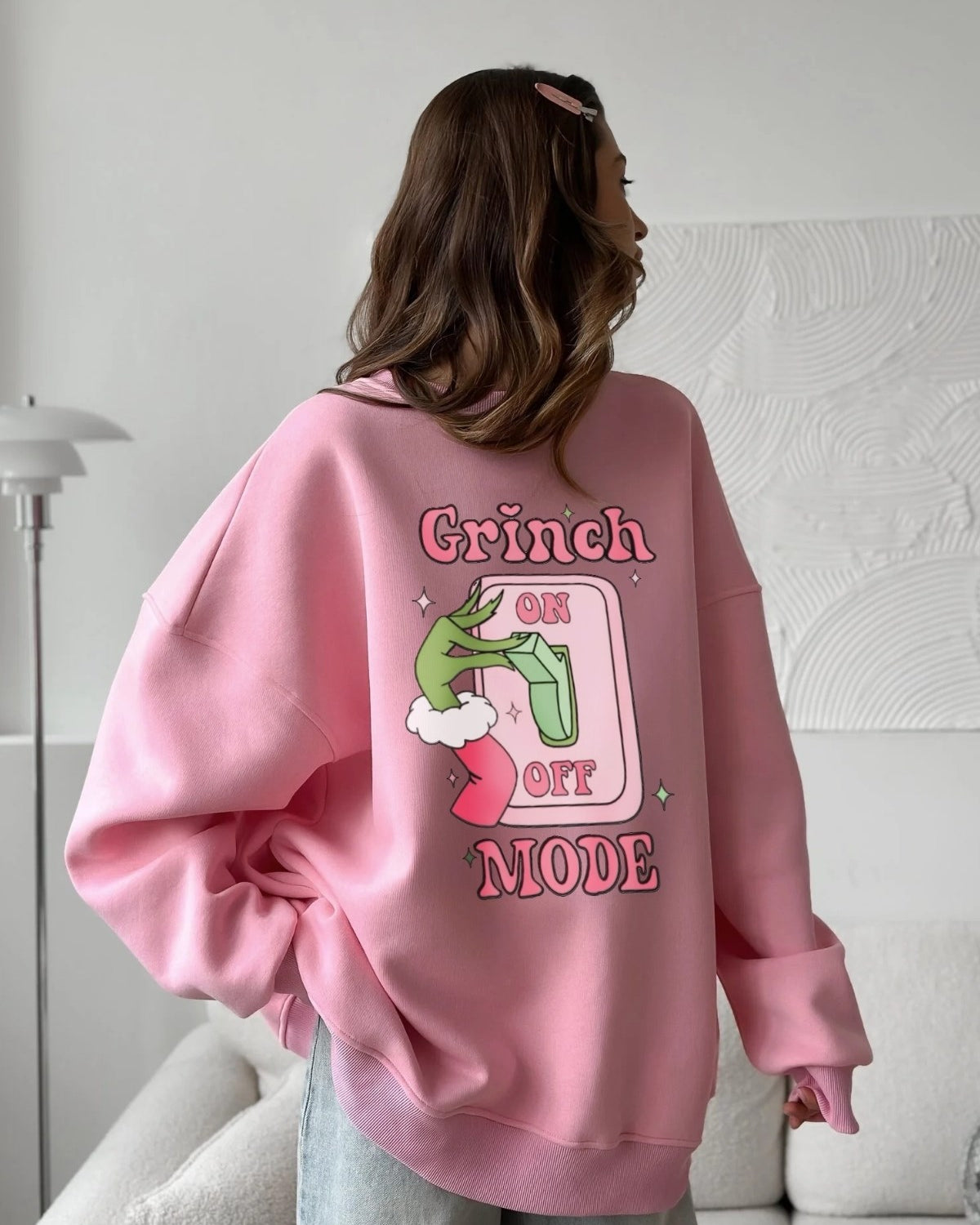 Kadın Oversize Sweatshirt Elbise Grinch Mode Baskılı Pembe – Bisiklet Yaka, 3 İplik Şardonlu Polar
