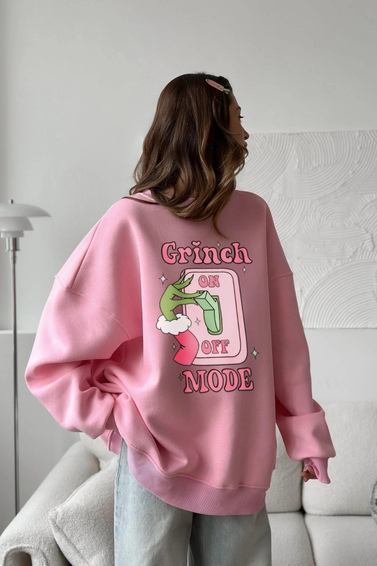 Kadın Oversize Sweatshirt Elbise Grinch Mode Baskılı Pembe – Bisiklet Yaka, 3 İplik Şardonlu Polar