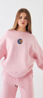 Kadın Oversize Sweatshirt Sun & Moon Baskılı Pembe – Bisiklet Yaka, 3 İplik Şardonlu Polar