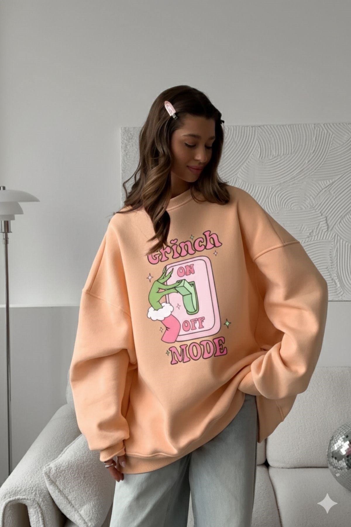 Kadın Oversize Sweatshirt Elbise Grinch Mode Baskılı Turuncu – Bisiklet Yaka, 3 İplik Şardonlu Polar
