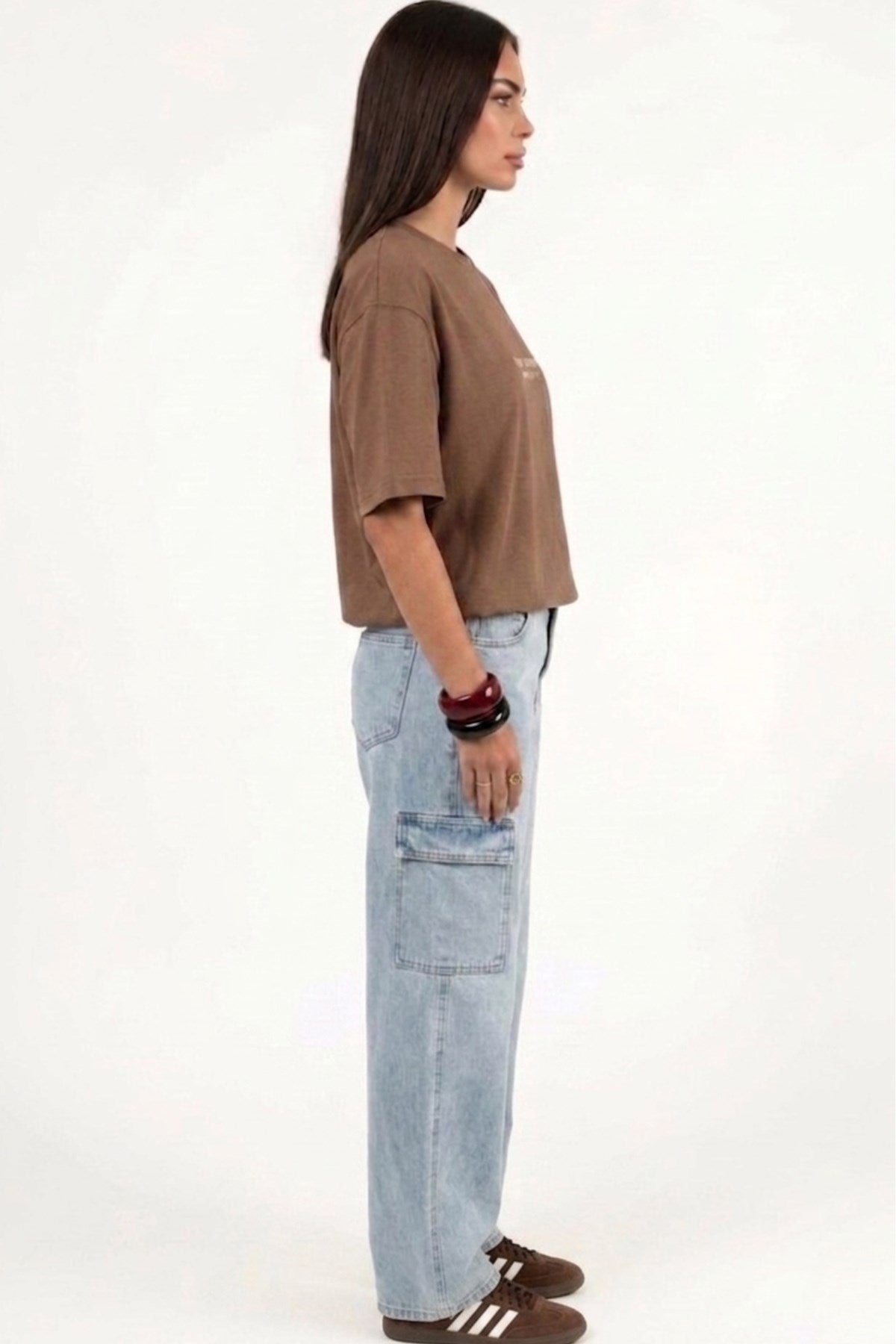 Kadın Oversize Tişört CHMP STUDIOS Baskılı Kahverengi – Bisiklet Yaka, %100 Pamuk Compact Süprem 24/1
