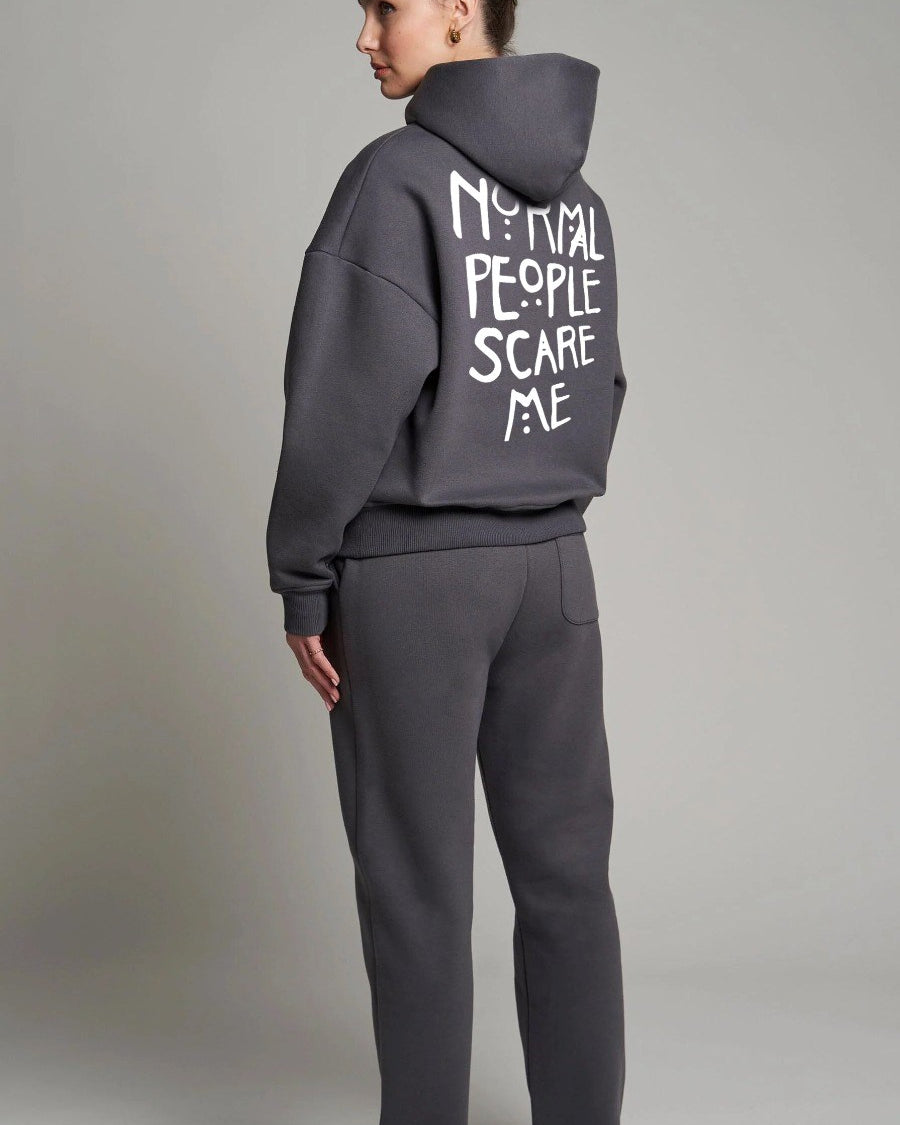 Kapüşonlu İçi Polar Normal People Scare Me Baskılı Füme Unisex Hoodie Sweatshirt