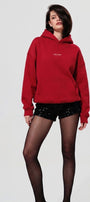 Kadın Oversize Sweatshirt Hoodie CHMP Yazlı Baskılı Kırmızı – Kapüşonlu, 3 İplik Polar, Kanguru Cepli
