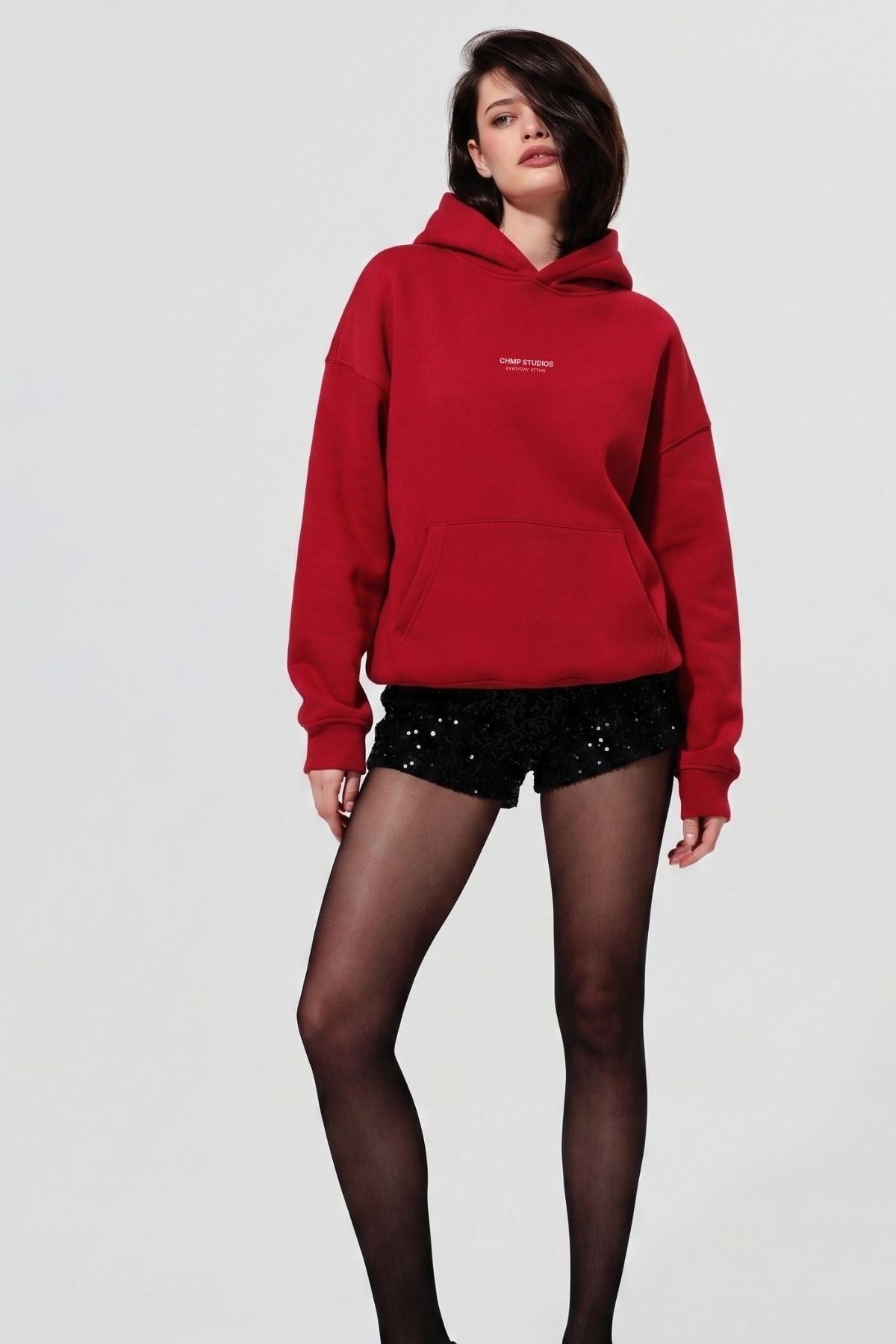 Kadın Oversize Sweatshirt Hoodie CHMP Yazlı Baskılı Kırmızı – Kapüşonlu, 3 İplik Polar, Kanguru Cepli