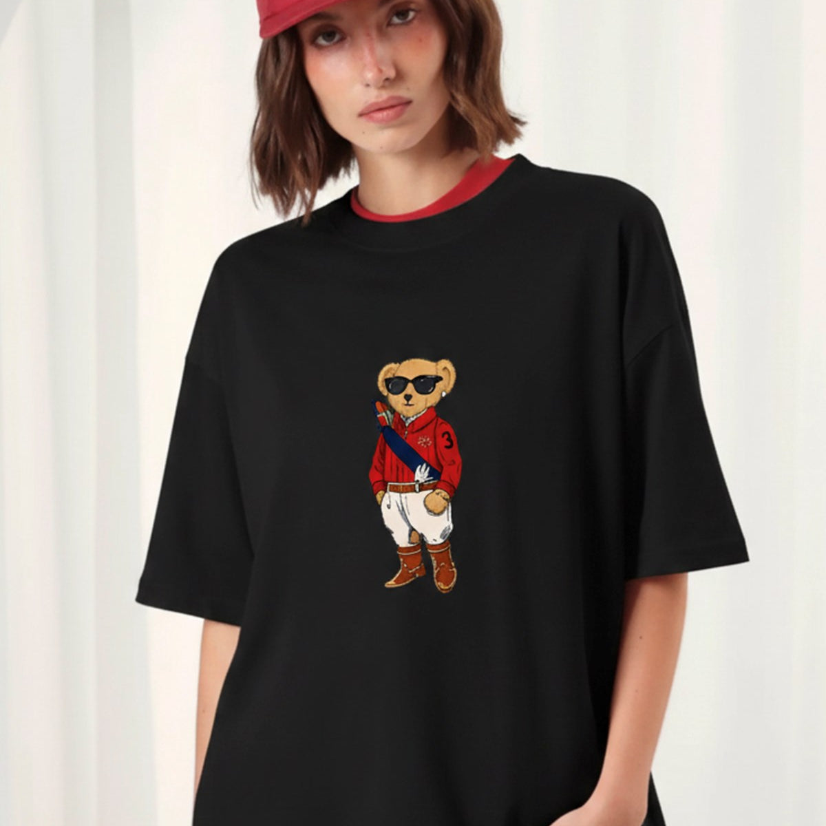 Kadın Oversize Tişört MILO Bear Baskılı Siyah – Bisiklet Yaka, Rahat Kalıp, %100 Pamuk
