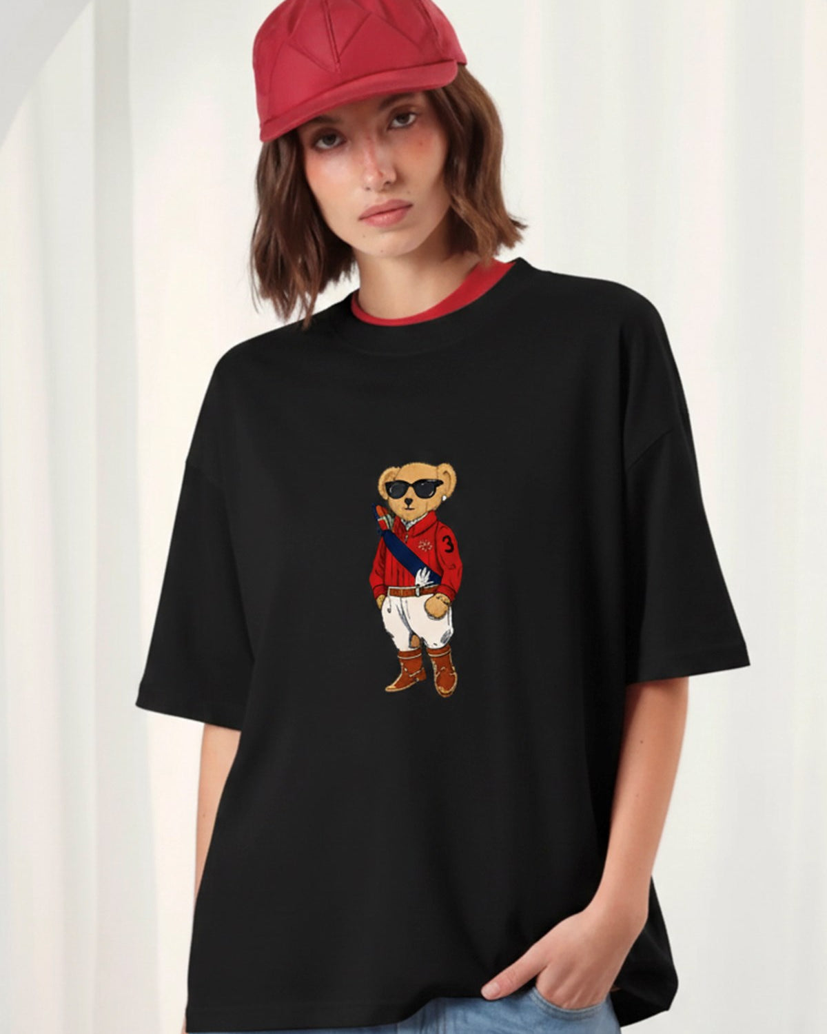 Kadın Oversize Tişört MILO Bear Baskılı Siyah – Bisiklet Yaka, Rahat Kalıp, %100 Pamuk