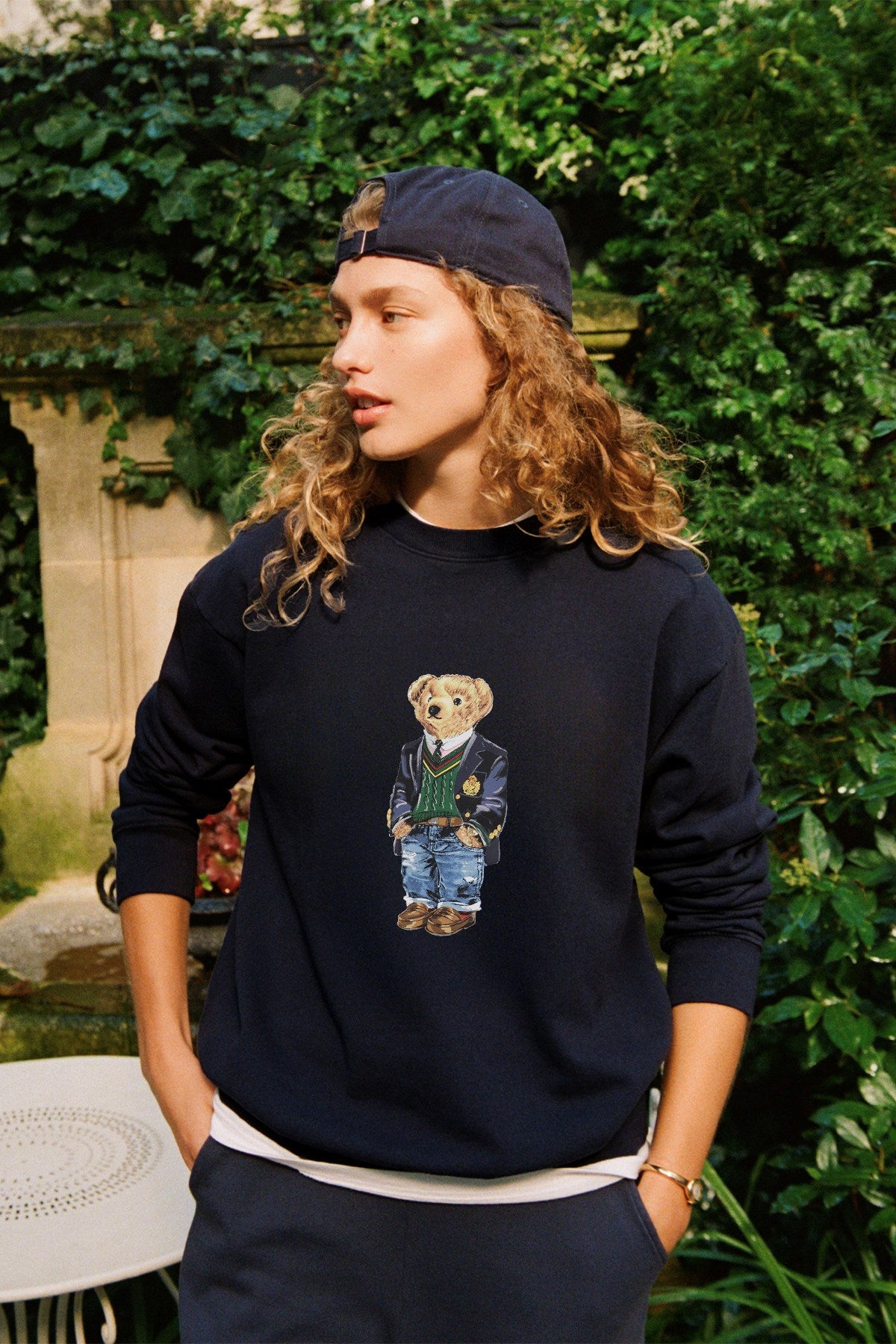 Kadın Oversize Sweatshirt Ivy Bear Baskılı Lacivert – Bisiklet Yaka, 3 İplik Şardonlu