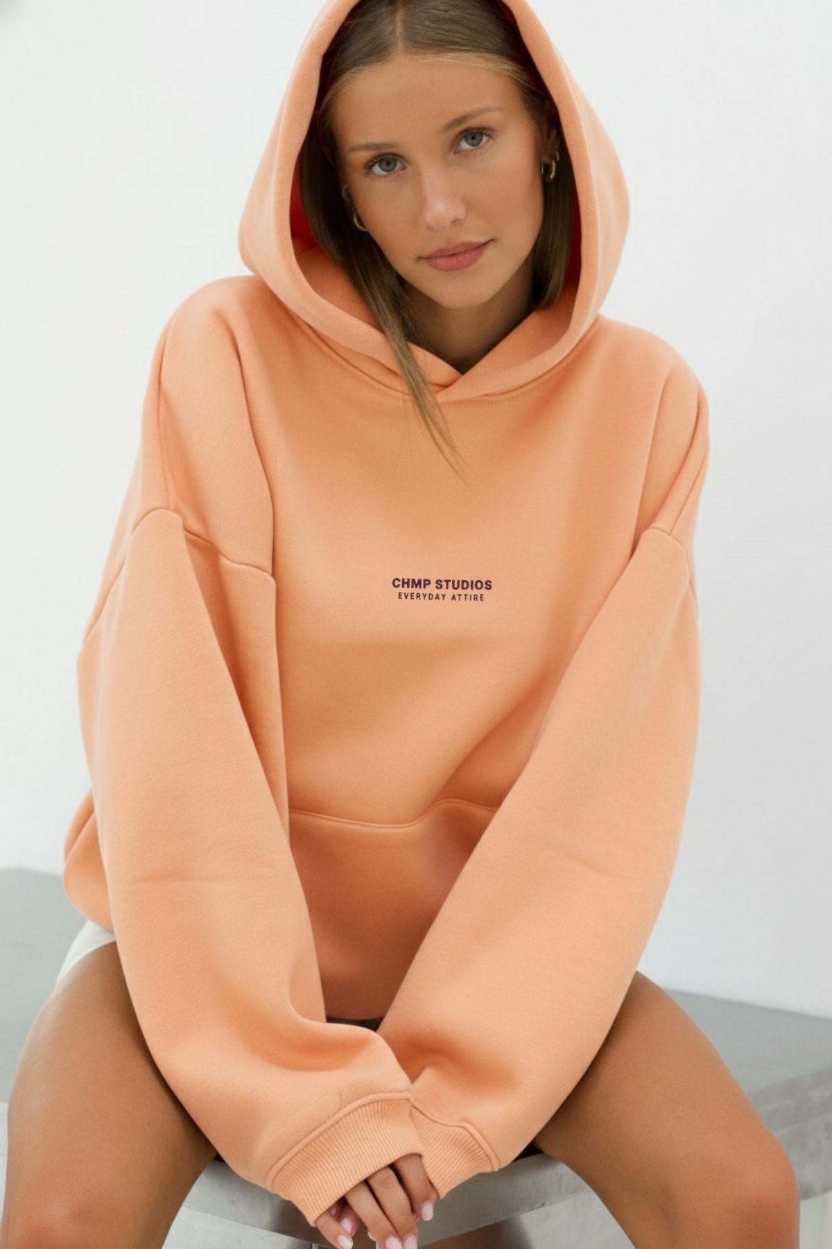 Kadın Oversize Sweatshirt Hoodie CHMP SUDIOS Turuncu – Kapüşonlu, 3 İplik , Kanguru Cepli