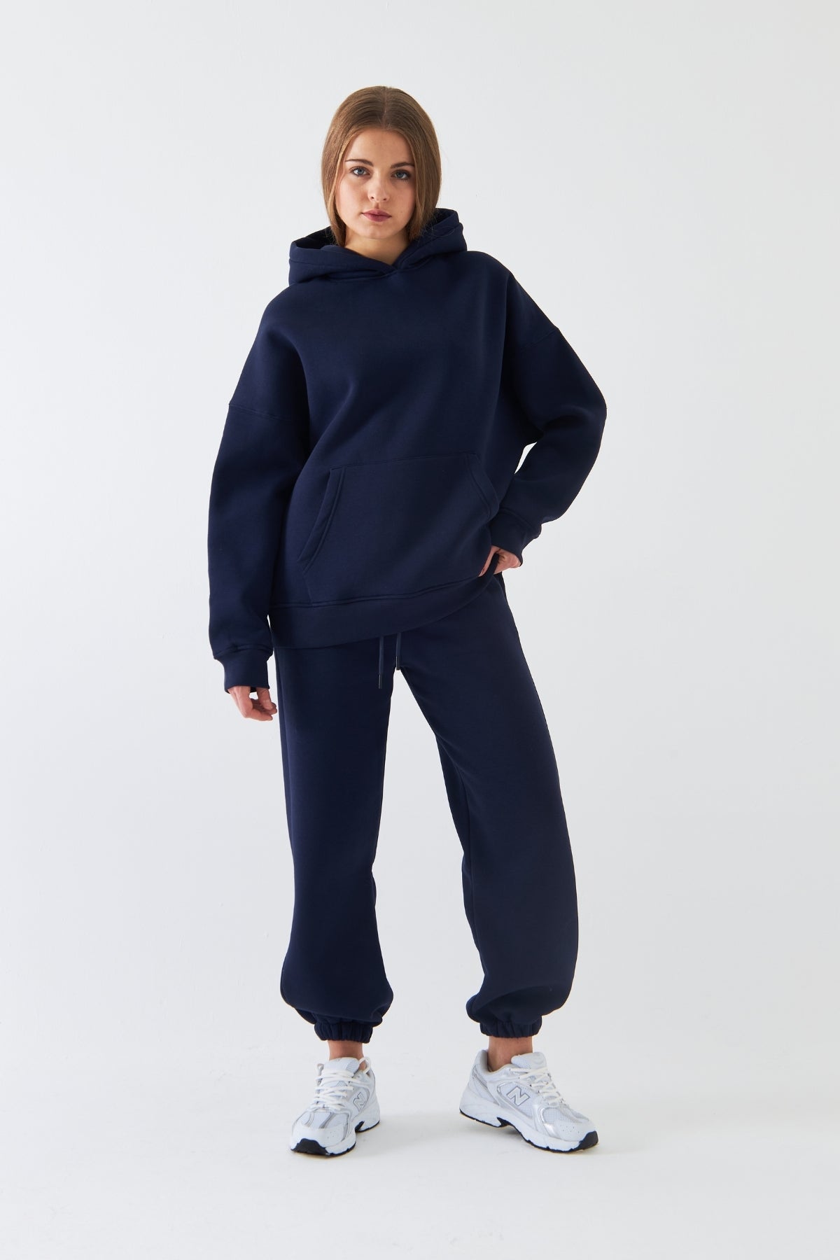 Oversize Unisex Eşofman Takımı Lacivert – Basic, 3 İplik Polar; Kapüşonlu Üst, Lastikli Alt