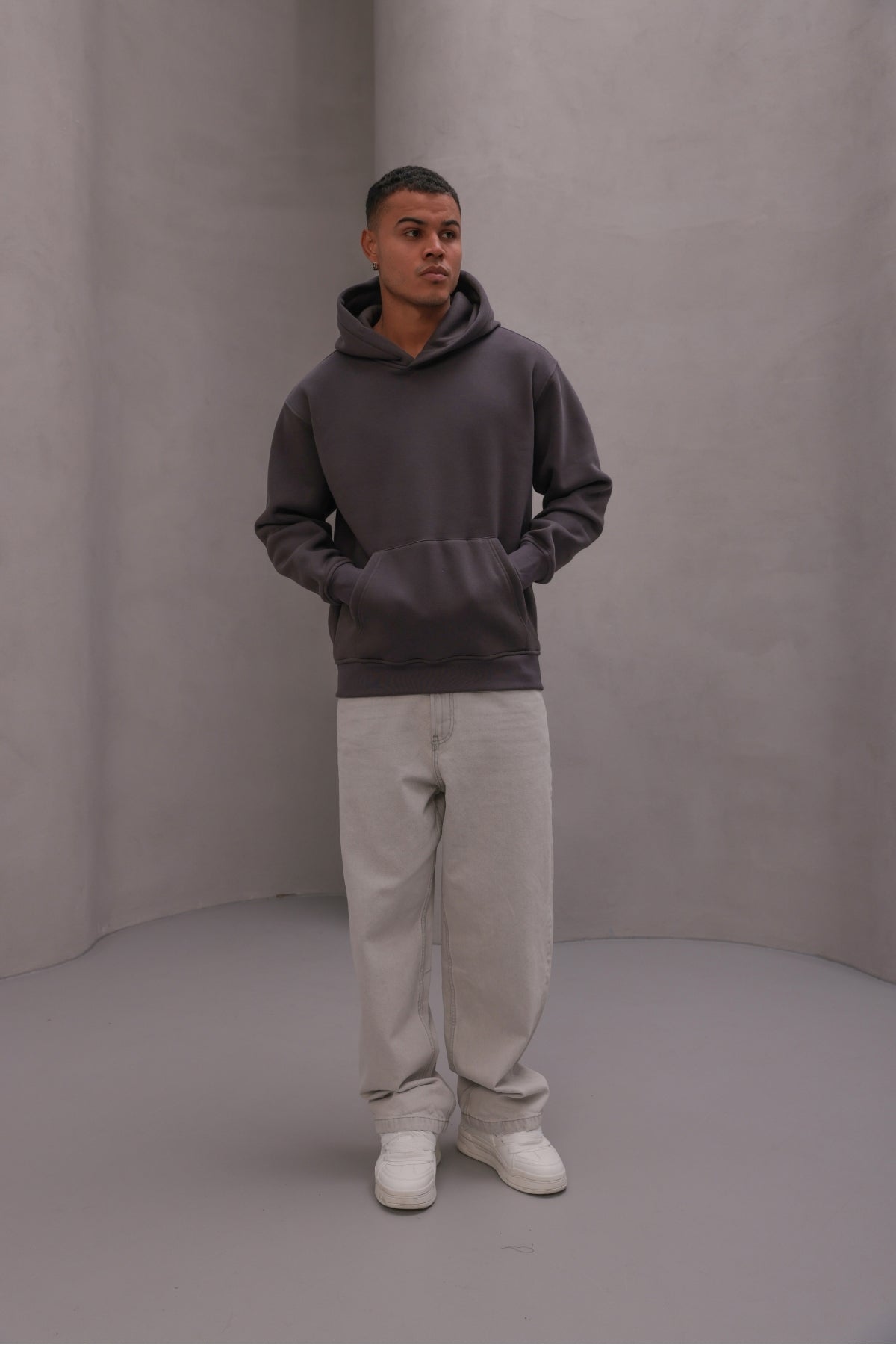 Erkek Oversize Sweatshirt Hoodie Basic Füme – Kapüşonlu, 3 İplik Polar, Kanguru Cepli