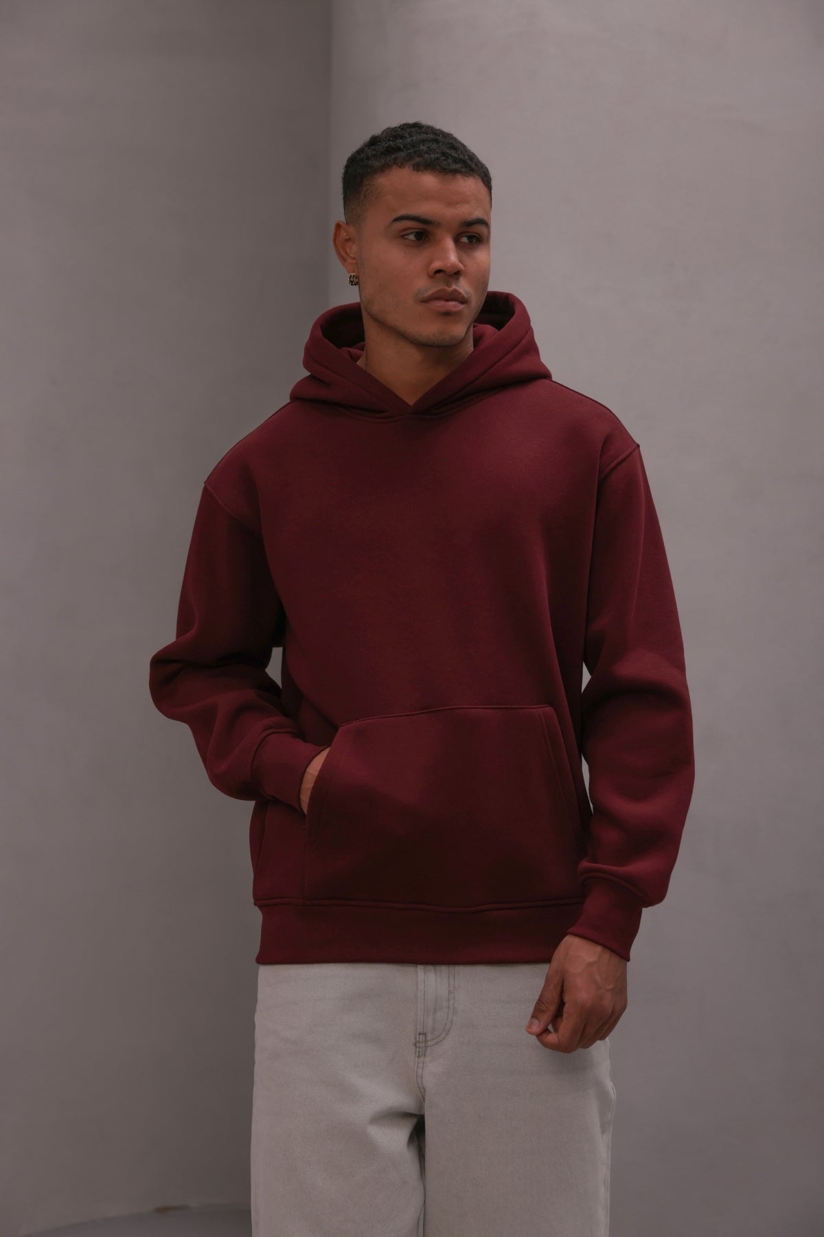 Erkek Oversize Sweatshirt Hoodie Basic Bordo – Kapüşonlu, 3 İplik Polar, Kanguru Cepli