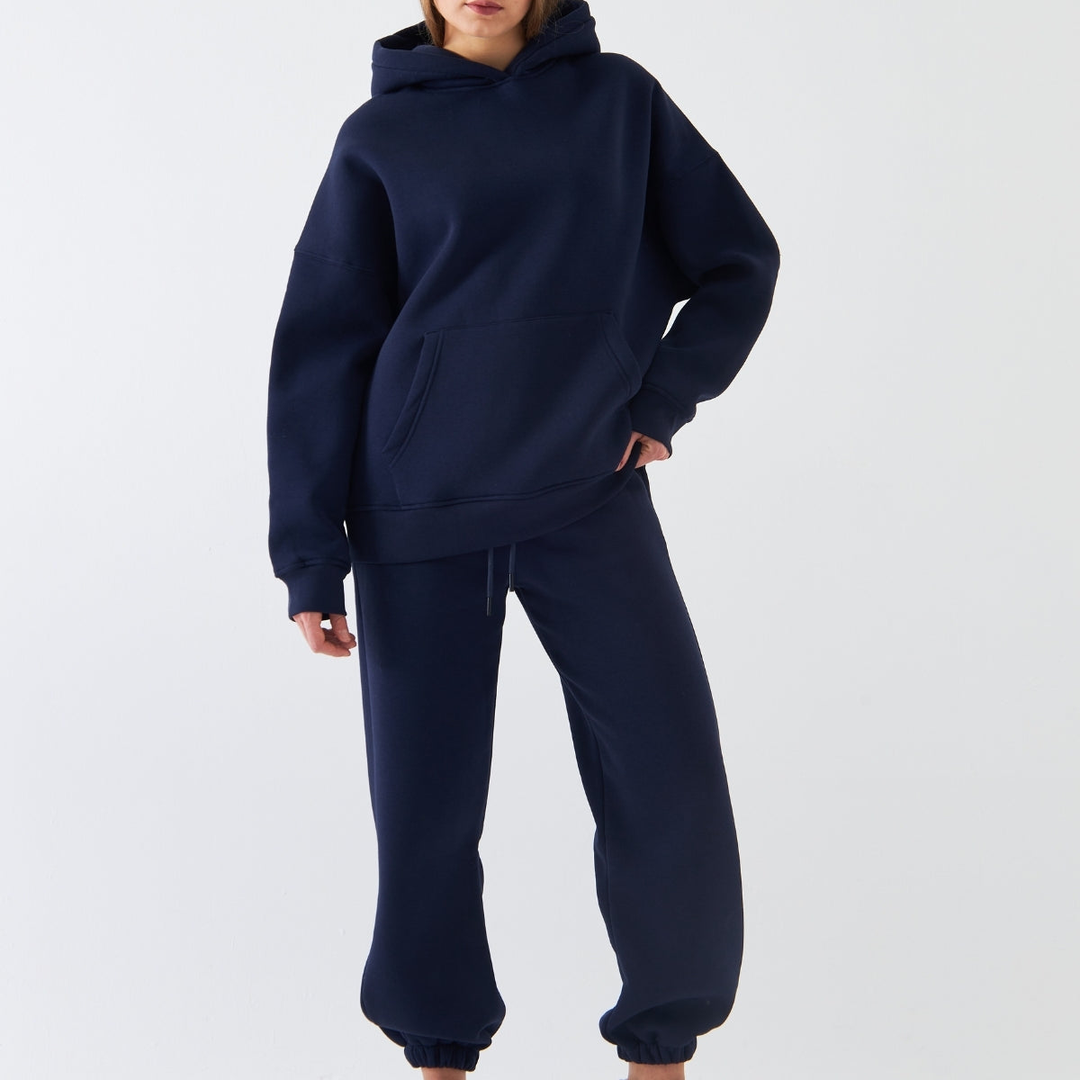 Oversize Unisex Eşofman Takımı Lacivert – Basic, 3 İplik Polar; Kapüşonlu Üst, Lastikli Alt