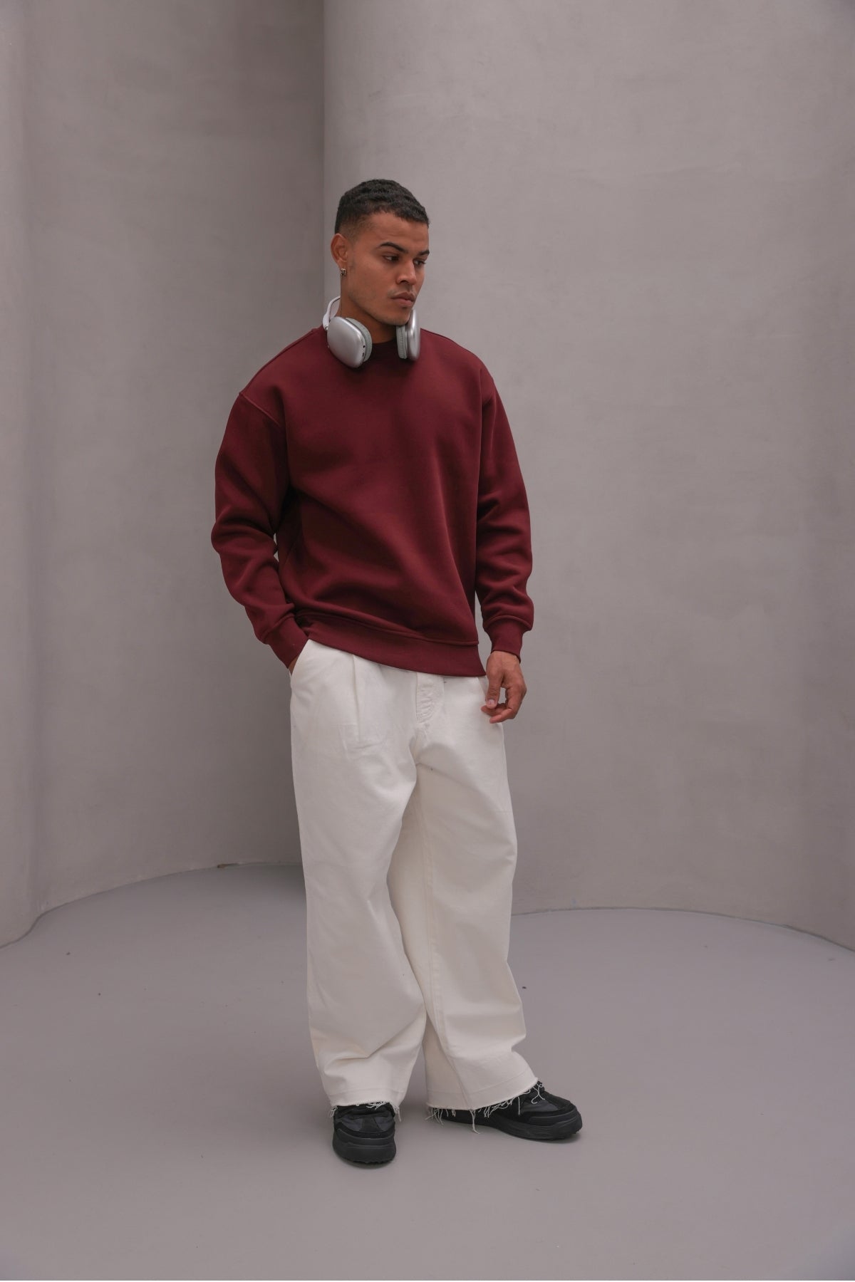 Erkek Oversize Sweatshirt Basic Bordo – Bisiklet Yaka, 3 İplik Şardonlu Polar