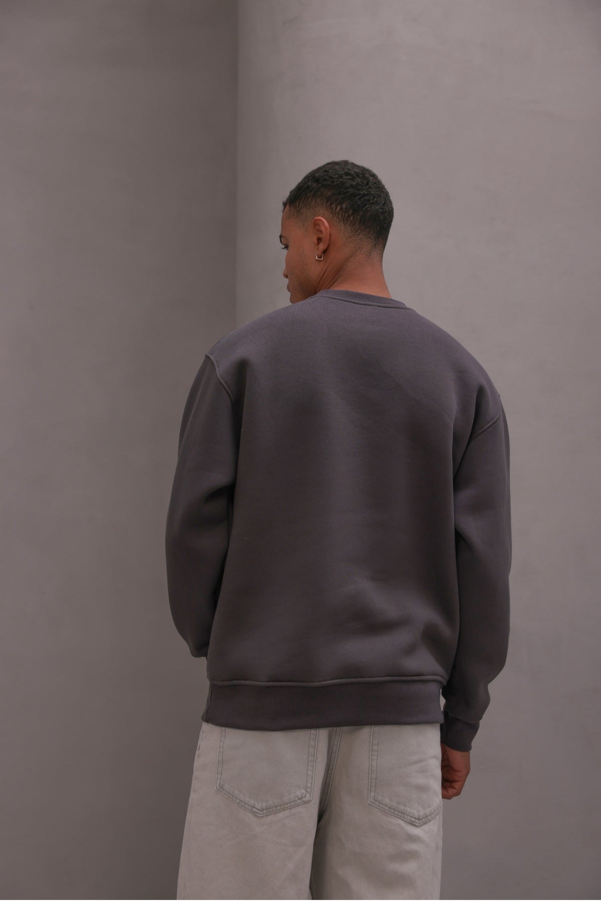 Erkek Oversize Sweatshirt Basic Füme – Bisiklet Yaka, 3 İplik Şardonlu Polar