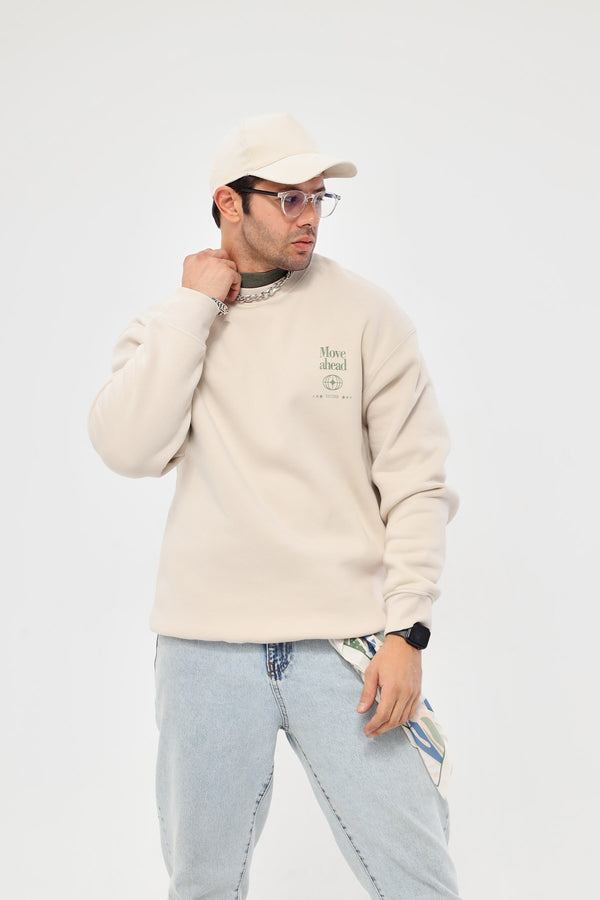 Bisiklet Yaka İçi Polar Move Ahead Yazı Baskılı Bej Oversize Sweatshirt