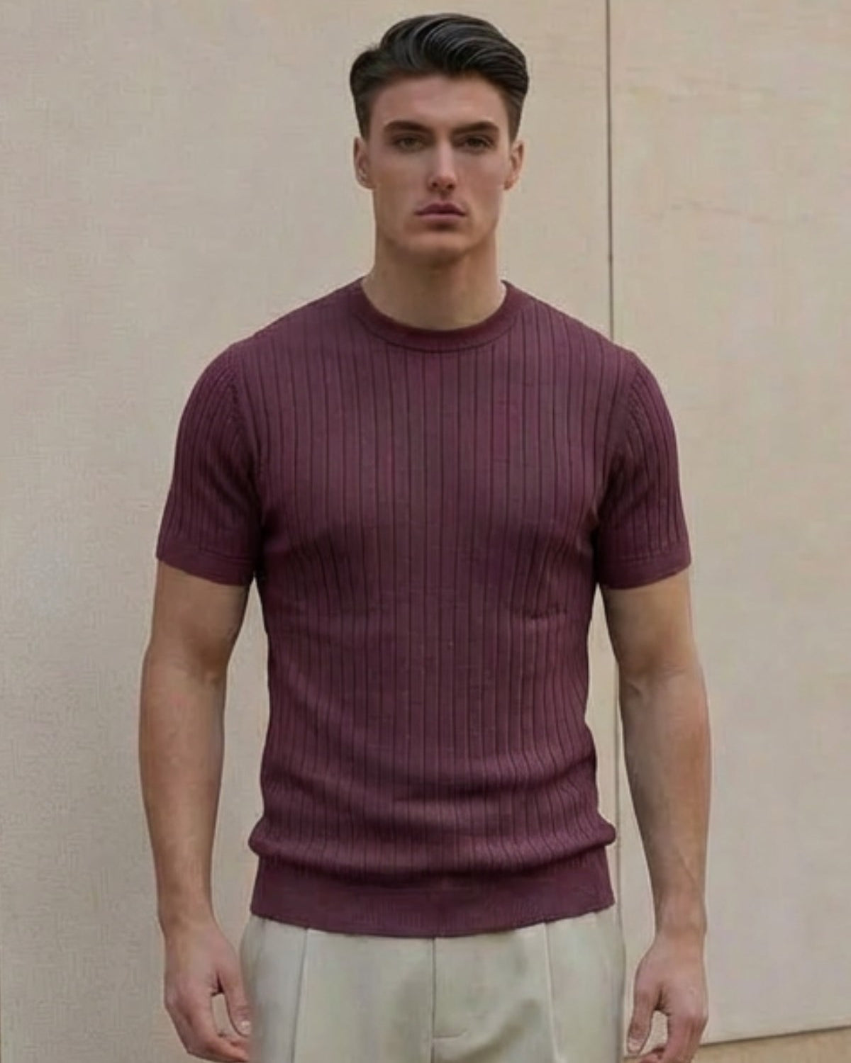 Erkek Dokulu Fitilli Triko Tişört Bordo - Bisiklet Yaka, Fit, Yazlık, Örme