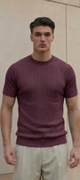 Erkek Dokulu Fitilli Triko Tişört Bordo - Bisiklet Yaka, Fit, Yazlık, Örme