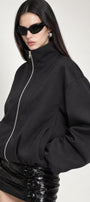 Kadın Vanta Oversize Bomber Ceket Siyah – Dik Yaka, Tam Fermuarlı, Gizli Cepli, Elastik Belli