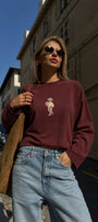 Kadın Relaxed Fit Sweatshirt Coffee Bear Baskılı Bordo – Bisiklet Yaka, 3 İplik Şardonsuz, Geniş Kol