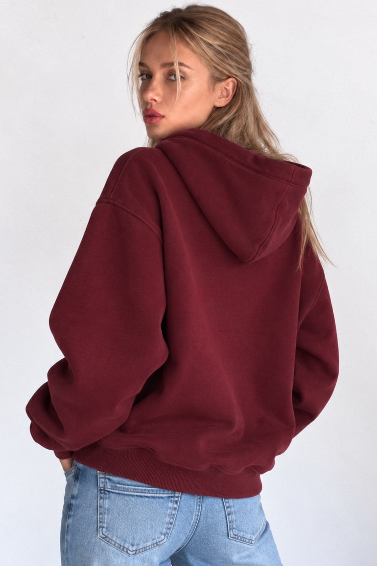 Kadın Oversize Hoodie Amore Baskılı Bordo – Kapüşonlu, Kanguru Cepli, 3 İplik Şardonlu Polar