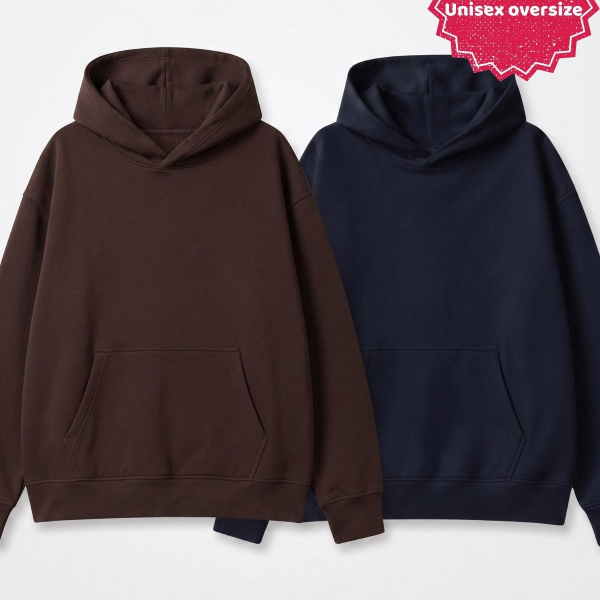 Unisex 2’li Oversize Basic Hoodie Kahverengi & Lacivert – Kapüşonlu, Cepli, 3 İplik Şardonlu Polar