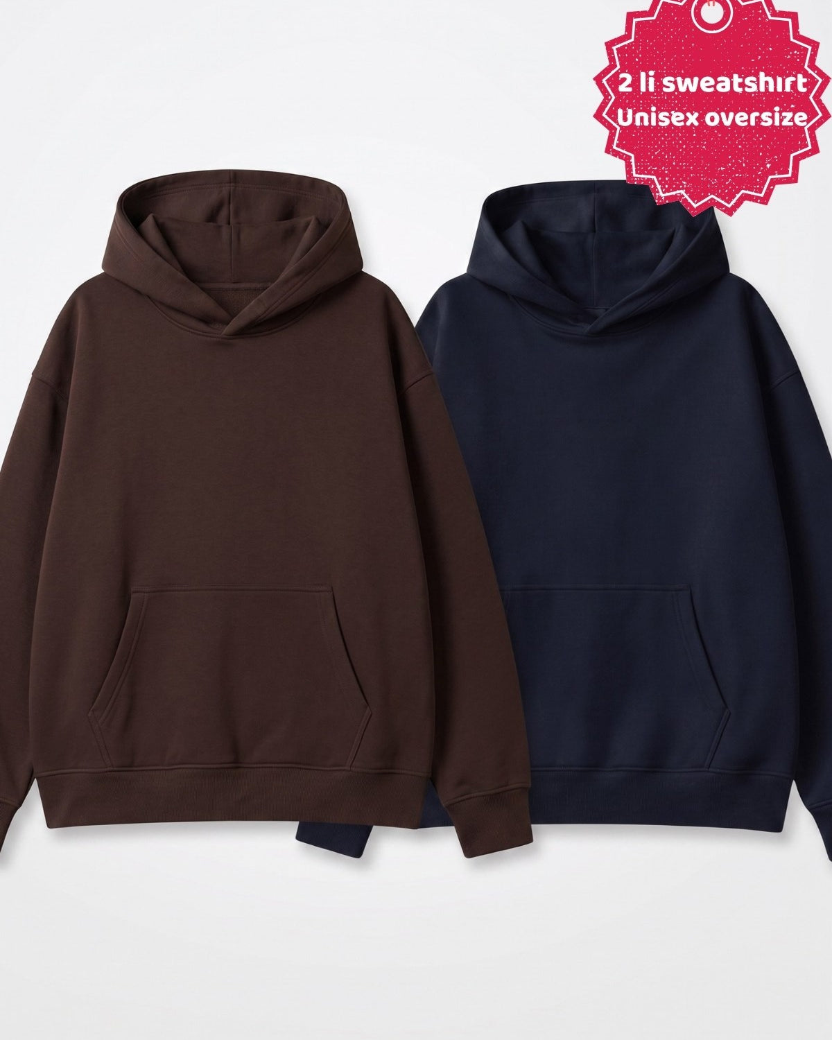 Unisex 2’li Oversize Basic Hoodie Kahverengi & Lacivert – Kapüşonlu, Cepli, 3 İplik Şardonlu Polar