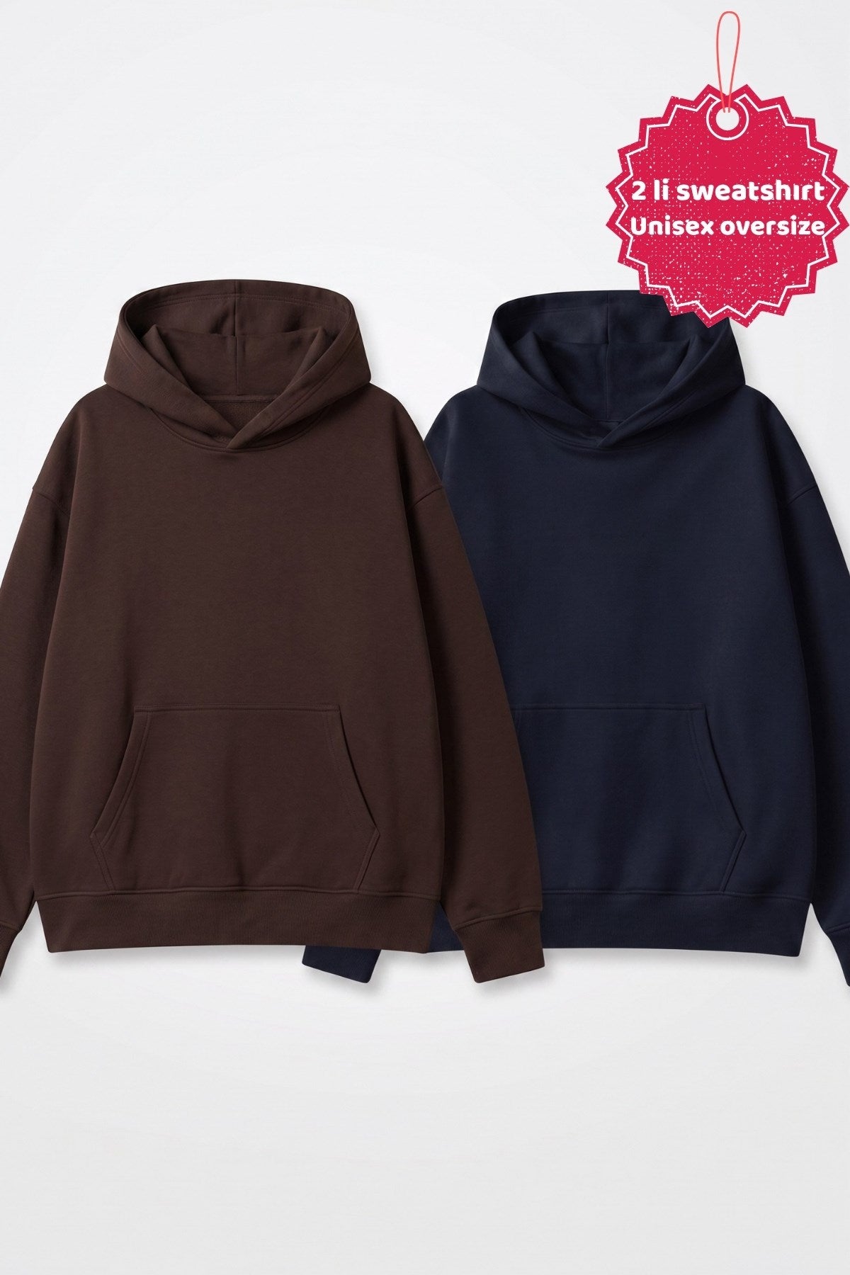 Unisex 2’li Oversize Basic Hoodie Kahverengi & Lacivert – Kapüşonlu, Cepli, 3 İplik Şardonlu Polar