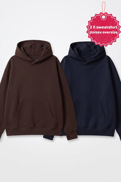 Unisex 2’li Oversize Basic Hoodie Kahverengi & Lacivert – Kapüşonlu, Cepli, 3 İplik Şardonlu Polar