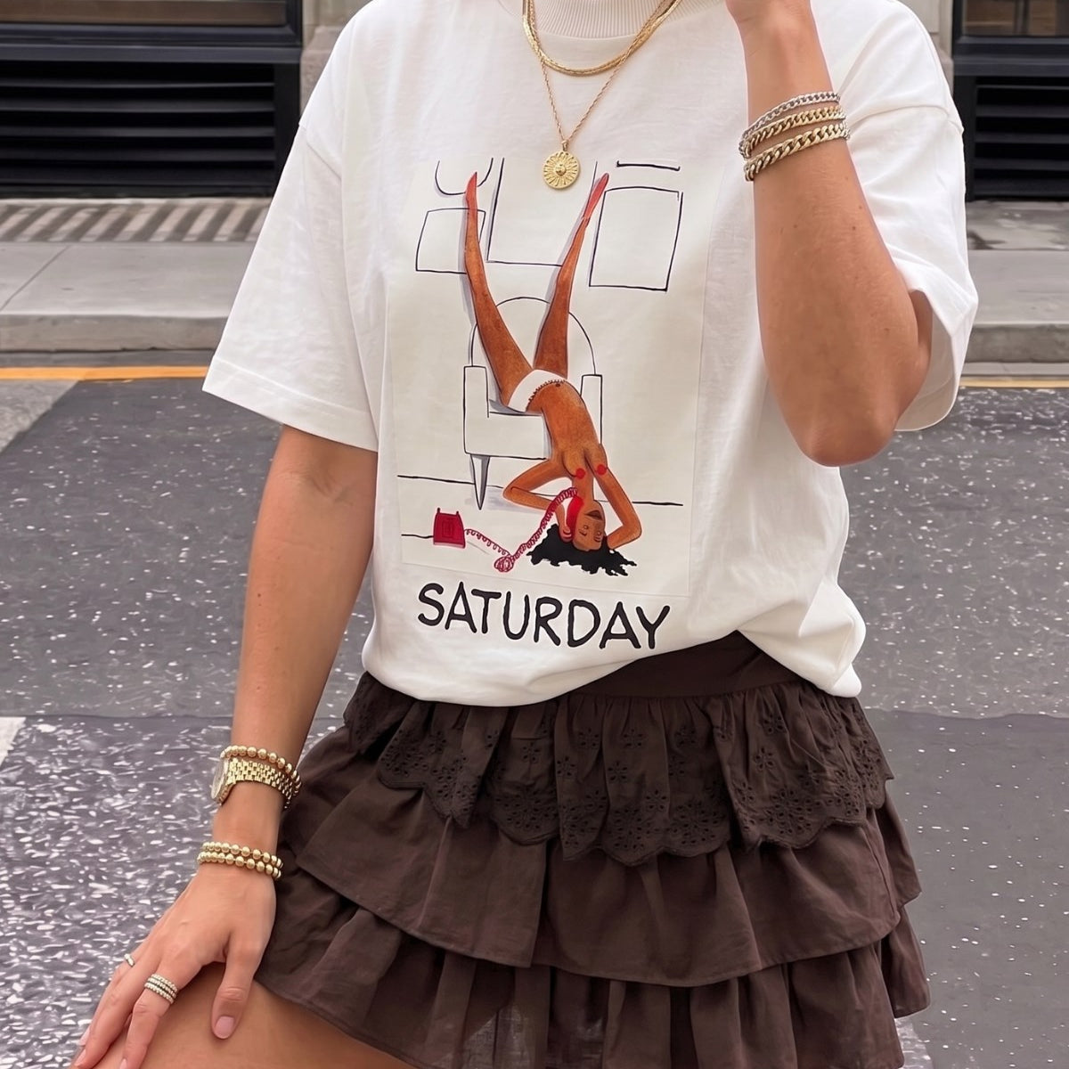 Kadın Oversize Tişört Weekend Mood Baskılı Beyaz – Bisiklet Yaka, Rahat Kalıp, %100 Pamuk