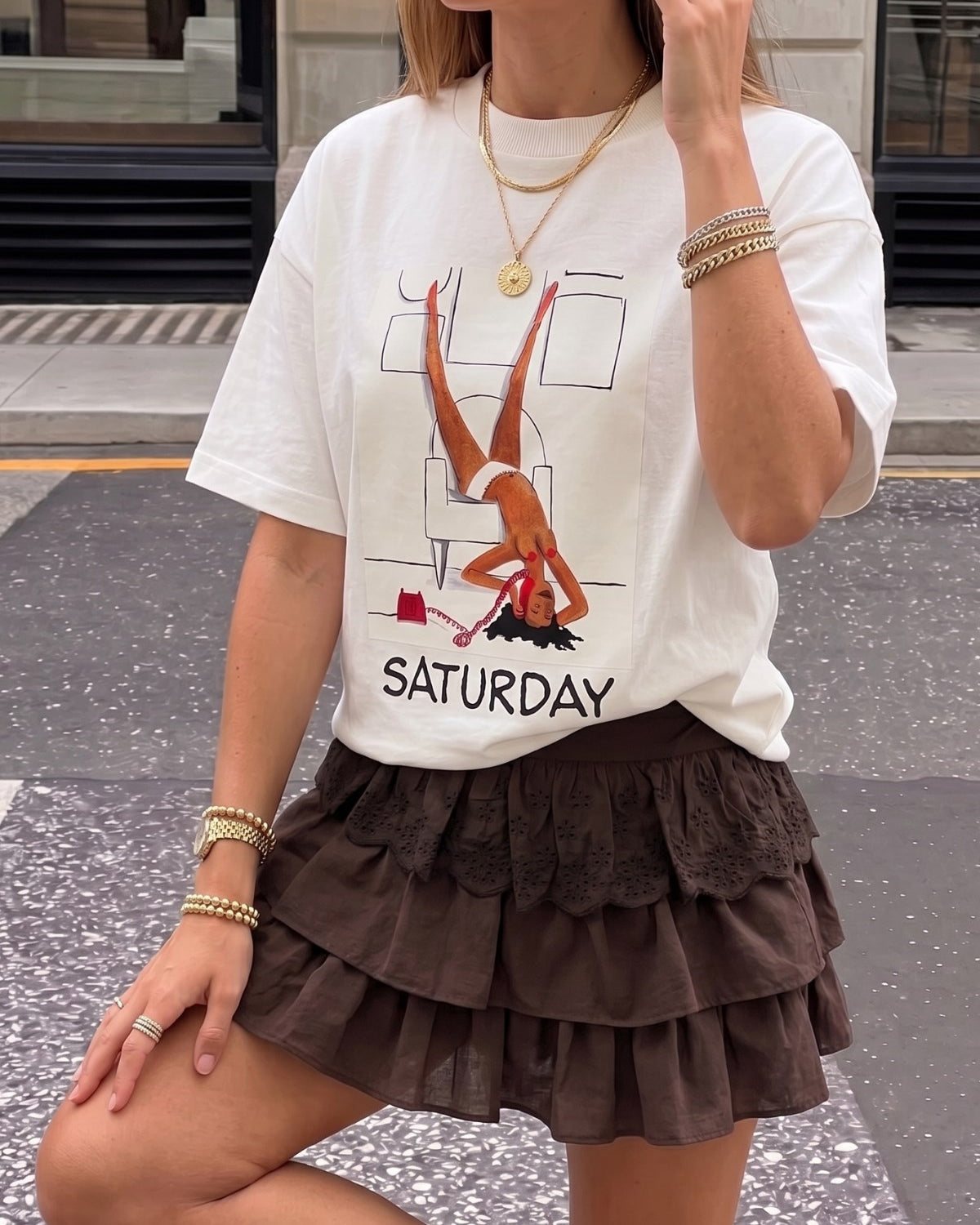 Kadın Oversize Tişört Weekend Mood Baskılı Beyaz – Bisiklet Yaka, Rahat Kalıp, %100 Pamuk