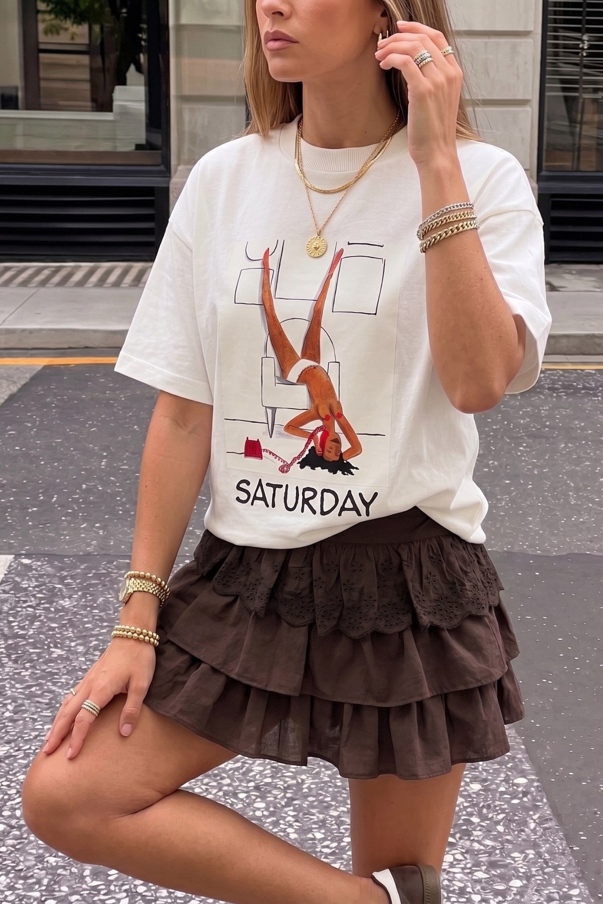 Kadın Oversize Tişört Weekend Mood Baskılı Beyaz – Bisiklet Yaka, Rahat Kalıp, %100 Pamuk