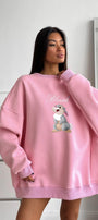 Kadın Oversize Sweatshirt Elbise Blessed Bunny Baskılı Pembe – Bisiklet Yaka, 3 İplik Şardonlu Polar